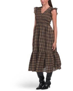 TJ Maxx Plaid Smocked V-Neck Faux Button Ruffled Midi Dress For Cotton/Polyester - Brown