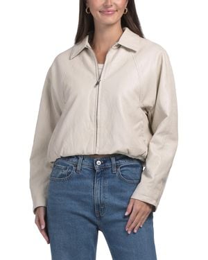 TJ Maxx Long Sleeve Faux Leather Bomber Jacket, Cotton/Polyester/Leather - Blue
