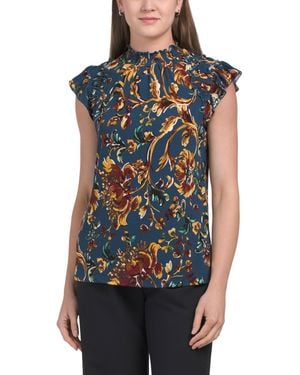 TJ Maxx Short Sleeve Flounce Sleeve Mock Neck Top For Spandex/Polyester - Blue