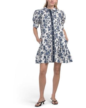TJ Maxx Puff Sleeve Striped Trim Mini Dress For Cotton - Blue