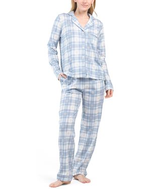 TJ Maxx Cotton Snowflake Plaid Notch Collar Pajama Set For - Blue