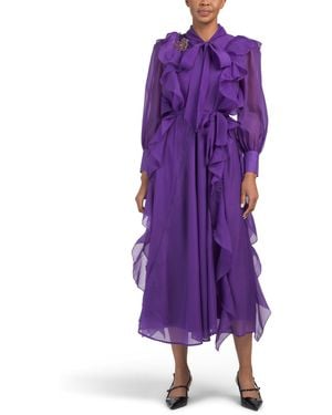 TJ Maxx Long Sleeve Tie Neck Ruffle Maxi Dress With Floral Embellishment For Spandex/Polyester - Purple