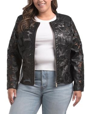 TJ Maxx Plus Embroidered Faux Leather Jacket, Polyester/Leather - Black