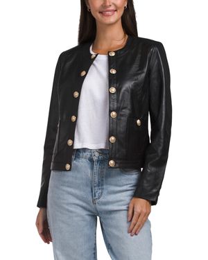 TJ Maxx Leather Collarless Open Front Jacket, Polyester/Leather - Black