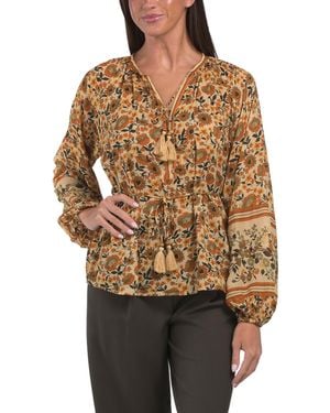 TJ Maxx La Raglan Printed Woven Blouse With Neck And Waist Ties For Cotton/Viscose - Multicolor