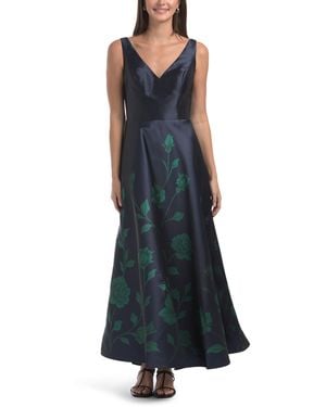 TJ Maxx Sleeveless Floral Border Tea Length Dress For Polyester - Blue