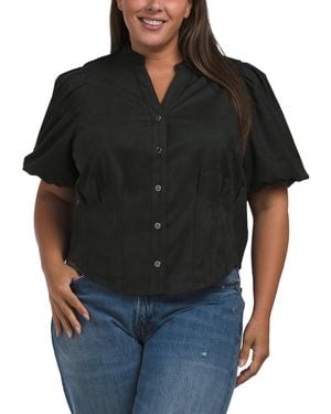 TJ Maxx Plus Button Down Puff Sleeve Top For Spandex/Polyester/Suede - Black