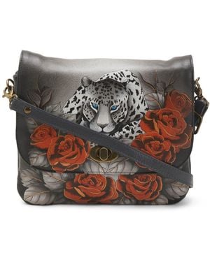 TJ Maxx Leather Hand Painted Triple Compartment Crossbody - Gray