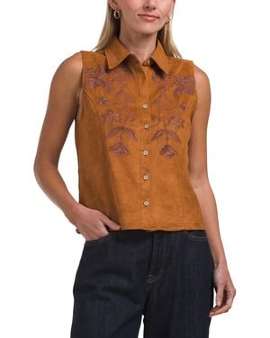 TJ Maxx Faux Suede Embroidered Vest, Spandex/Polyester/Suede - Blue