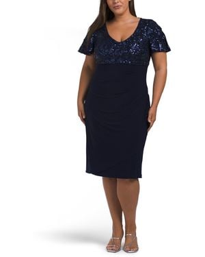 TJ Maxx Flutter Sleeves V-Neck Empire Waist Sheath Dress For Polyester - Blue