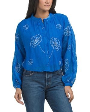 TJ Maxx Alzena Embroidered Batwing Button Down Blouse For Nylon/Polyester - Blue