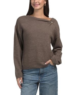 TJ Maxx Long Sleeve Draped Brooch Sweater, Spandex/Polyester/Wool - Brown
