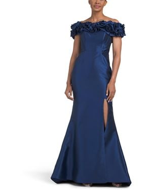 TJ Maxx Off The Shoulder 3D Floral Gown With Slit For Polyester - Blue