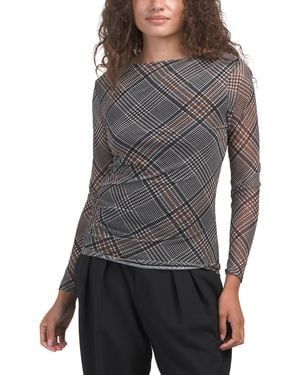 TJ Maxx Boat Neck Long Sleeve Mesh Top With Side Ruching For Spandex/Polyester - Gray