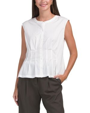 TJ Maxx City Poplin Sleeveless Pintuck Pleated Button Front Shirt, Nylon/Spandex/Cotton - White