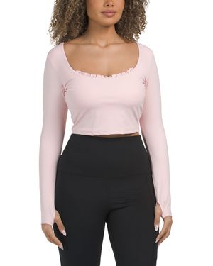 TJ Maxx Square Neck Ruffle Trim Long Sleeve Top, Nylon/Spandex - Black