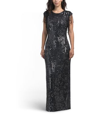 TJ Maxx Cap Sleeve Beaded Sequin Gown For Polyester - Black