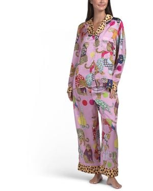 TJ Maxx 2Pc Satin Leopard Notch Collar Pajama Set With Contrast Trim For Polyester - Red