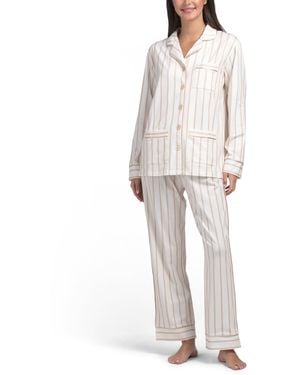 TJ Maxx 2Pc Cotton Blend Luxe Stretch Stripe Notch Pajama Top And Pants Set For - White