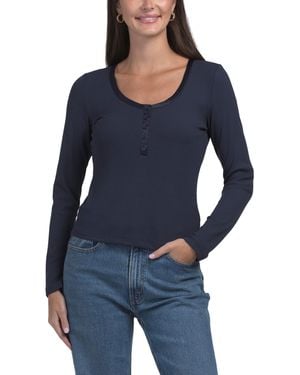 TJ Maxx Long Sleeve Henley Neck Top With Satin Trim For Spandex/Rayon - Blue