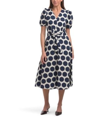 TJ Maxx Puff Sleeve Belted Dot Print Midi Dress For Cotton - Blue