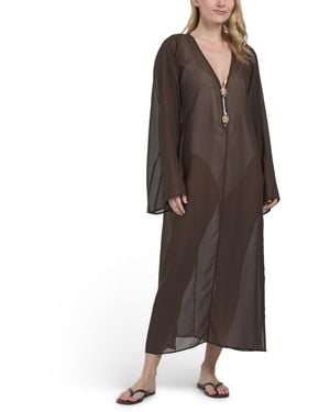 TJ Maxx Solid Flowy Bell Sleeve V-Neck Maxi Cover-Up Dress For Polyester - Brown