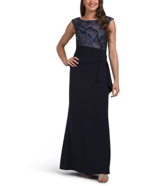 TJ Maxx Metallic Embroidered Side Cascade Gown For Spandex/Polyester - Blue