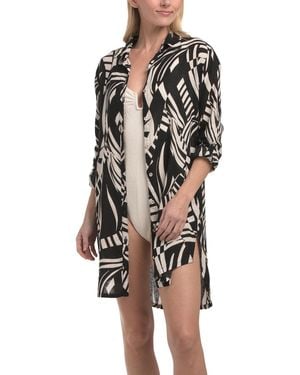 TJ Maxx Linen Blend Printed Pamela Abstract Button Front Cover-Up Shirt Dress For Linen/Rayon - Black