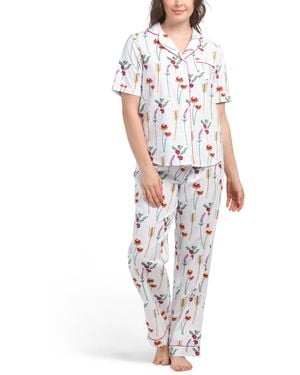 TJ Maxx 2Pc Printed Satin Botanical Healers Pajama Set For Cotton - White