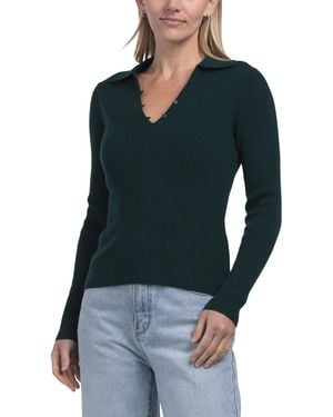TJ Maxx Cashmere Long Sleeve Ribbed Polo Pullover Sweater - Blue