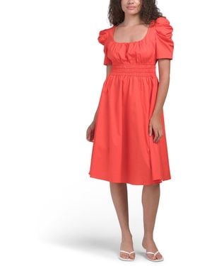 TJ Maxx Scoop Neck Elastic Waist Ruched Sleeve Midi Dress For Spandex/Cotton/Polyester - Red