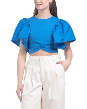 TJ Maxx Short Flare Sleeve Cropped T-Shirt For Cotton - Blue