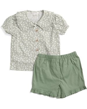 TJ Maxx Infant Girls 2Pc Floral Poplin Shirt And Ruffled Shorts Set, Cotton - Green