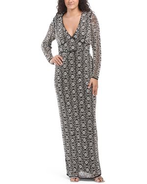 TJ Maxx Long Sleeve Floral Beaded Gown For Polyester - Gray