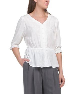 TJ Maxx V-Neck Embroidered Elbow Sleeve Top With Peplum Hem For Spandex/Rayon - White
