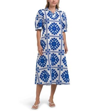 TJ Maxx Linen Blend Short Sleeve Tile Print Dress For Cotton/Linen - Blue