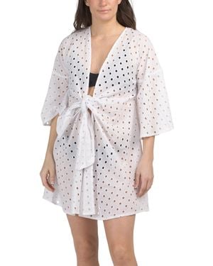 TJ Maxx Eyelet Deep V-Neck Three-Quarter Sleeve Front Knot Cover-Up Wrap For Cotton - White