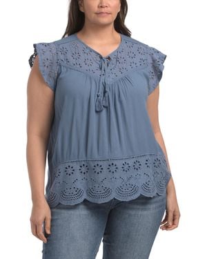 TJ Maxx Plus Eyelet Trim Top With Ruffle Sleeves For Cotton/Rayon - Blue