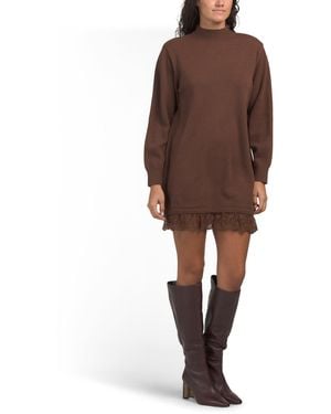 TJ Maxx Long Sleeve Mock Neck Lace Hem Mini Sweater Dress For Nylon - Brown