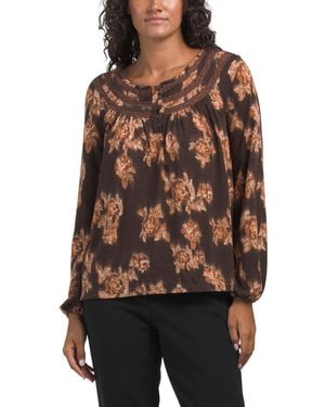 TJ Maxx Long Sleeve Henley Top With Lace Trim For Polyester - Brown