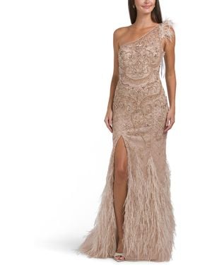 TJ Maxx Beaded One Shoulder Gown With Feather Trim For Polyester - Natural