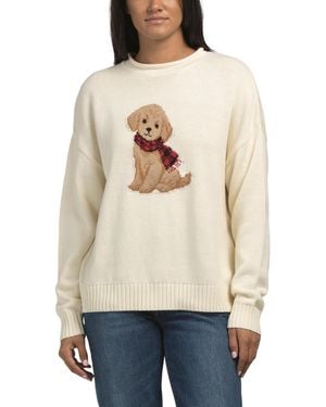 TJ Maxx Intarsia Puppy Crew Neck Relaxed Sweater, Cotton/Acrylic - Natural