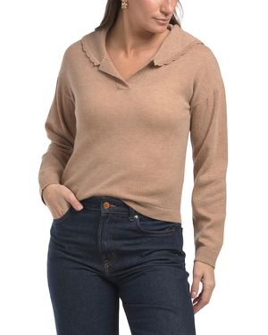 TJ Maxx Merino Wool And Cashmere Blend Scalloped Collar Polo, Merino Wool/Cashmere - Blue
