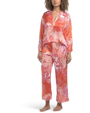 TJ Maxx 2Pc Flourish Printed Satin Mandarin Top And Pants Pajama Set For Spandex/Polyester - Red