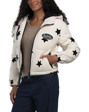 TJ Maxx Star Printed Embroidered Logo Puffer Jacket With Faux Fur Lining For Polyester - Black