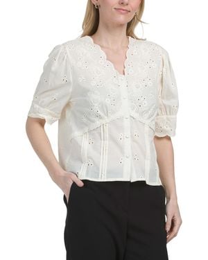 TJ Maxx Button Front V-Neck With Scalloped Hem Blouse For Cotton/Polyester - White
