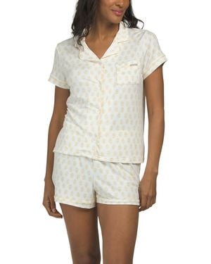 TJ Maxx 2Pc Stamp Print Notch Collar Top And Shorts Pajama Set For Spandex/Polyester - White