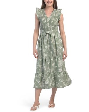 TJ Maxx Ruffle Sleeve V-Neck Triple Tier Midi Dress For Spandex/Cotton - Green