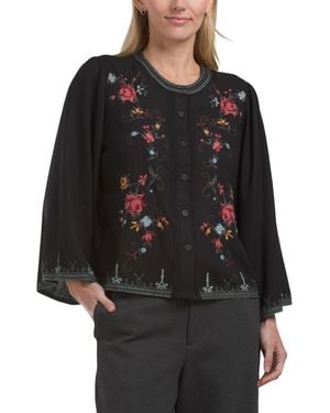 TJ Maxx Embroidered Button Front Blouse For Cotton/Polyester/Linen - Black