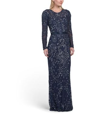 TJ Maxx Long Sleeve Illusion Neckline Embellished Gown For Polyester - Blue